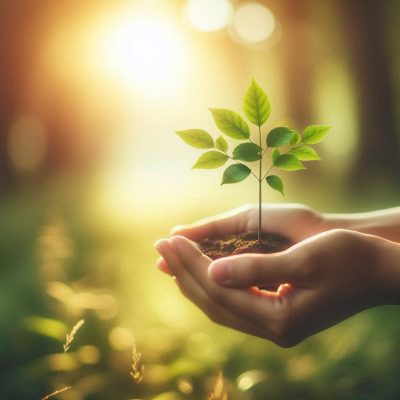 a person holding a small plant